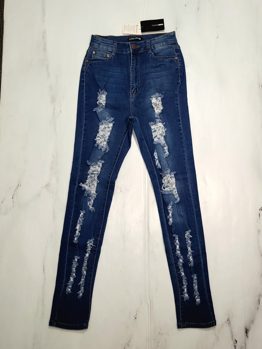 Fashion Nova High Rise Distressed Skinny Jeans Size 11 Ripped Dark Wash NWT